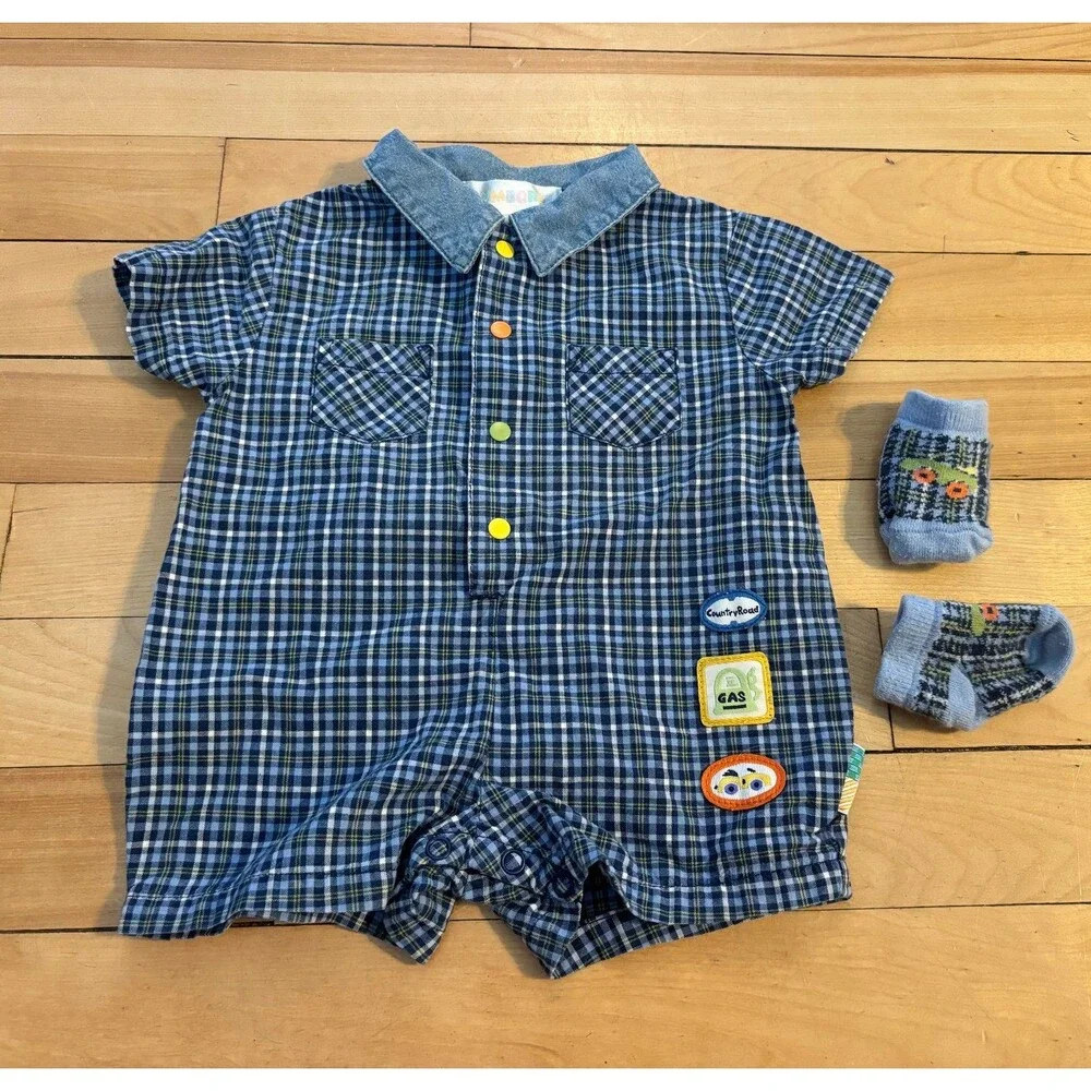 Rainbow tag gymboree layette 0/3 mths road trip romper socks set car Vtg gas